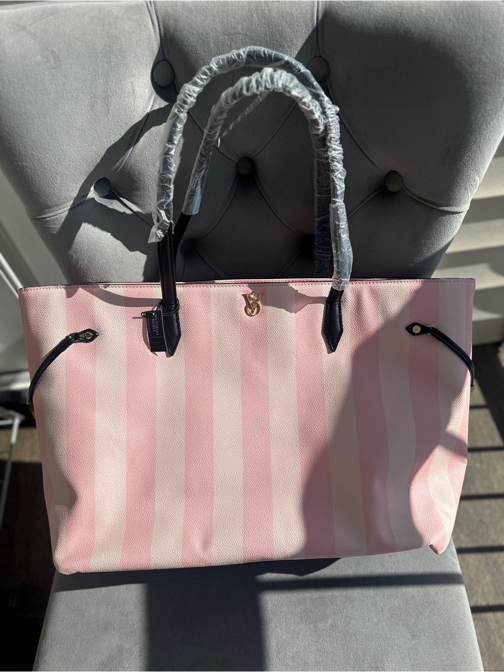 Victoria's Secret Pink Striped Tote with Black Handles